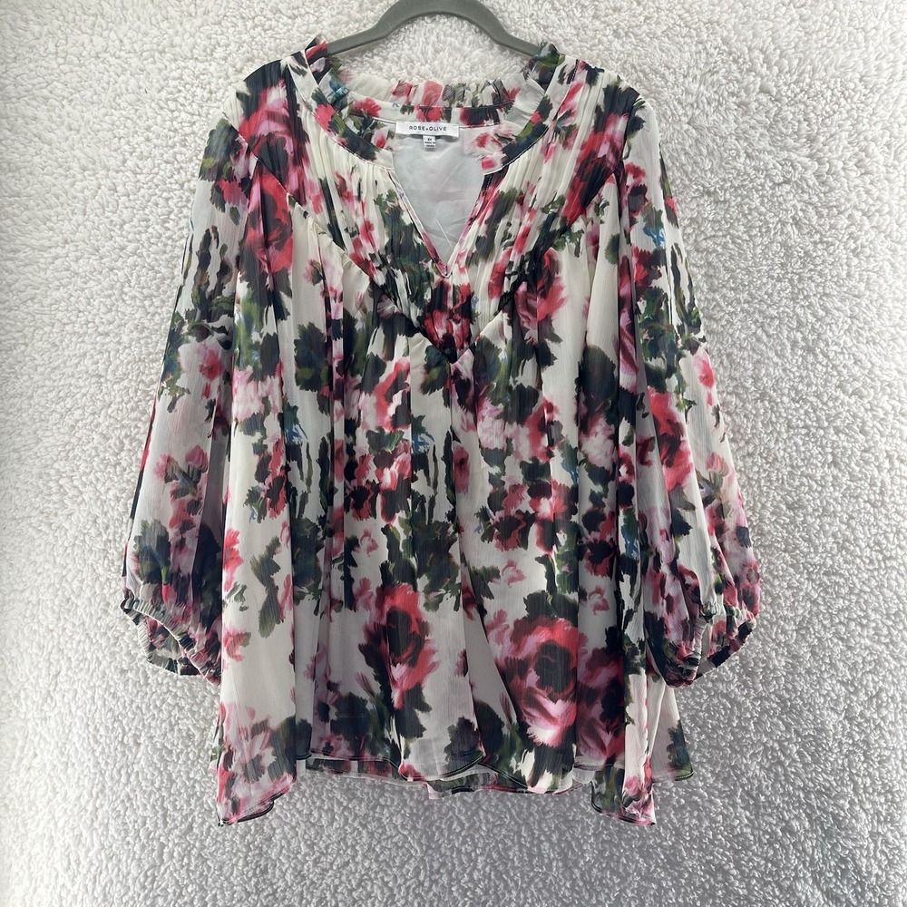 Rose & Olive Womens Floral Pleated Pop Over Top Size 3X White‎ Artsy Boho Sheer